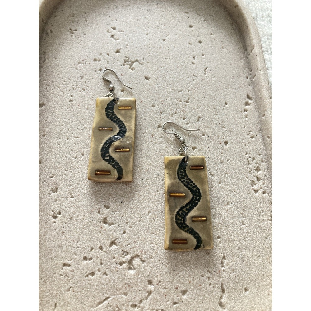 Handmade Ceramic‎ Snake Dangle Earrings Rectangular Artisan Pottery Boho Artsy